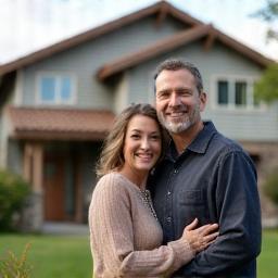 John and Mary smiling in front of their home